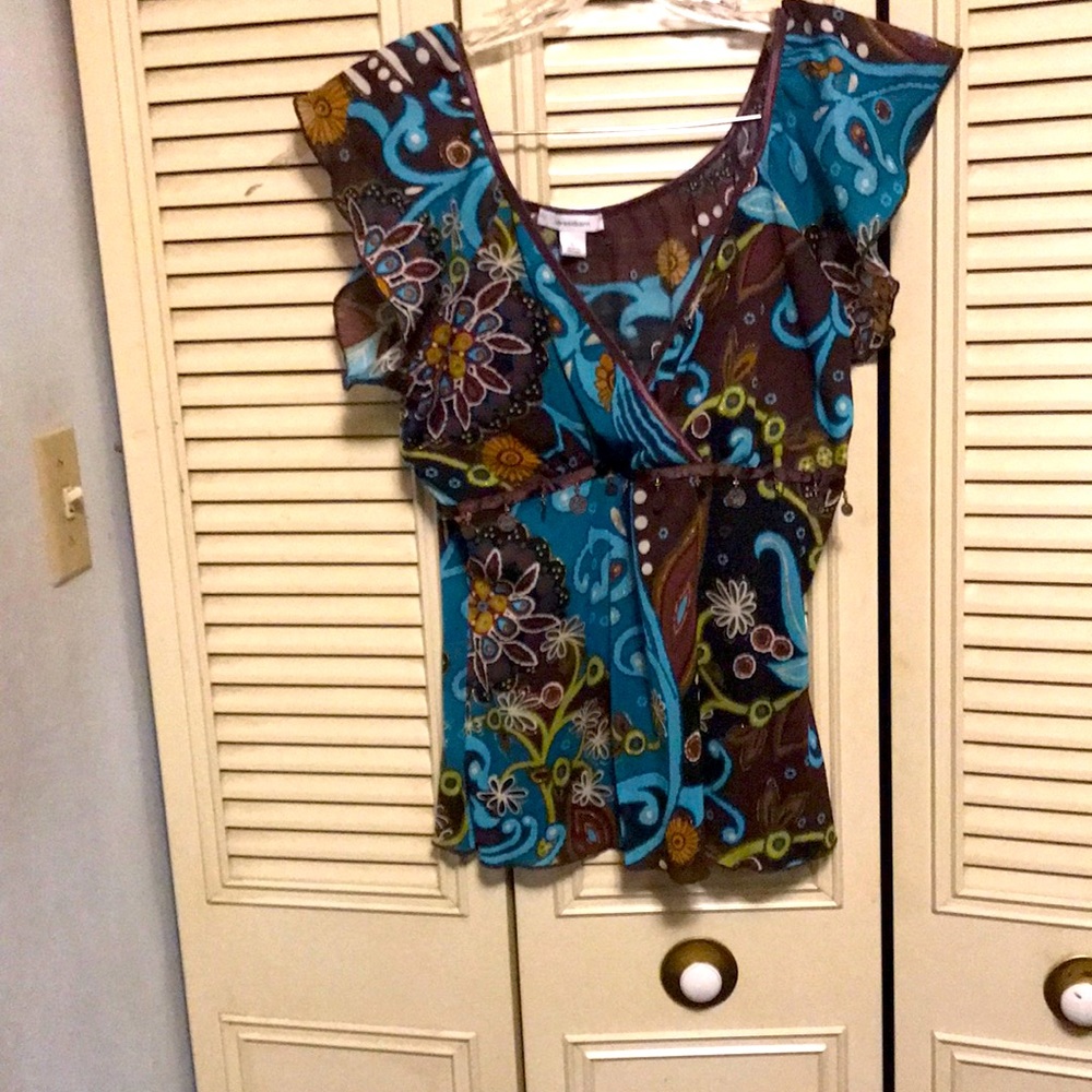 Dress barn ladies blouse size large blue and brown with flower motif